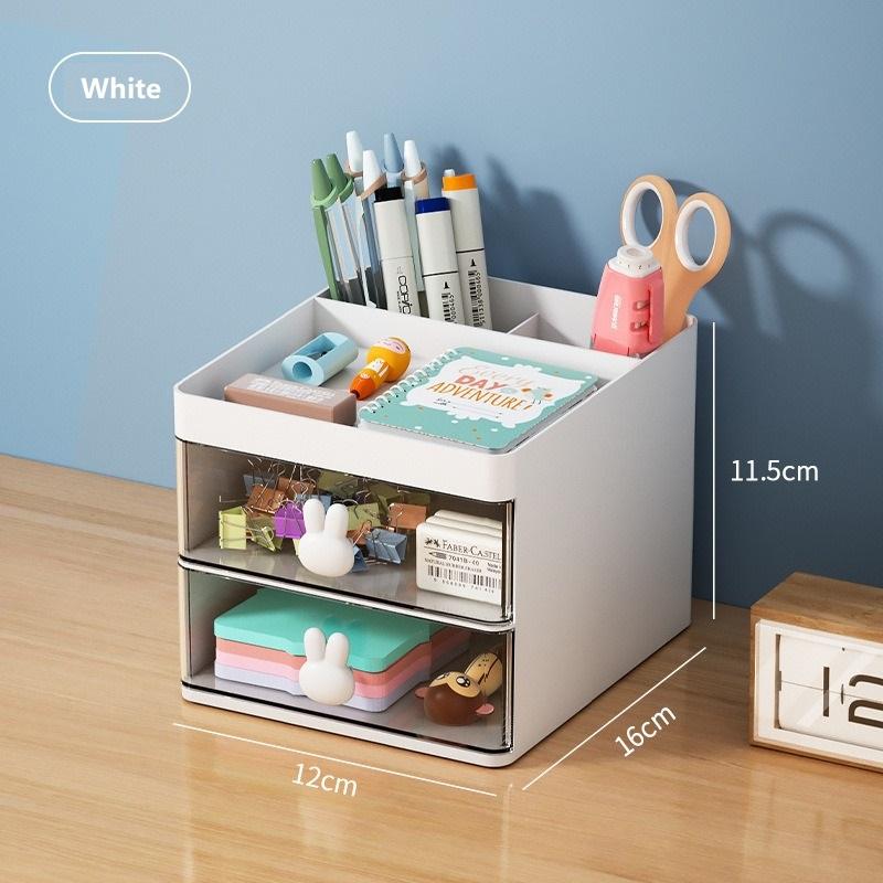

Creative Rabbit Handle Pen Holder with Clear Drawers Student Desk Organizers for Efficient Desk Storage and Organization білий
