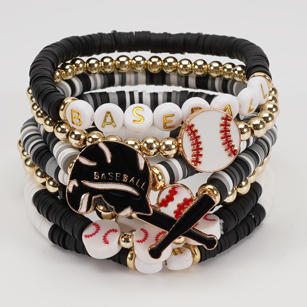 Polymer Clay Beaded Baseball Bracelet - Elastic Multi-Layer Fans Bracelet for Daily and Sports Occasions