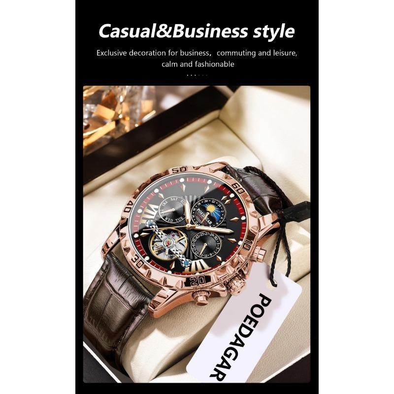 POEDAGAR Luxury Automatic Wristwatch Waterproof Luminous Date Week Leather Men Watch Tourbillon Mechanical Fashion Watches