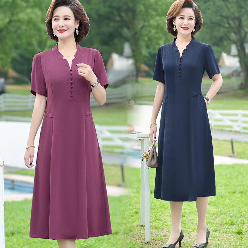 Summer 2025 Noble Lady Plus Size Dress - Short-Sleeved, Elegant Design for Middle-Aged & Elderly Women
