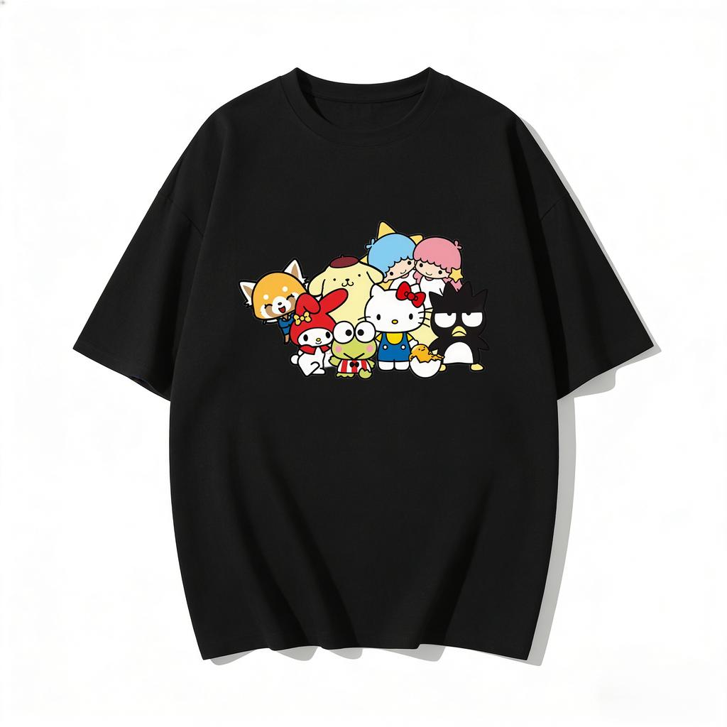 2026 New Sanrio Characters Group Cartoon Print Tshirt Family Matching Outfits Casual Short Sleeve Tee for Women Unisex Kids Tops