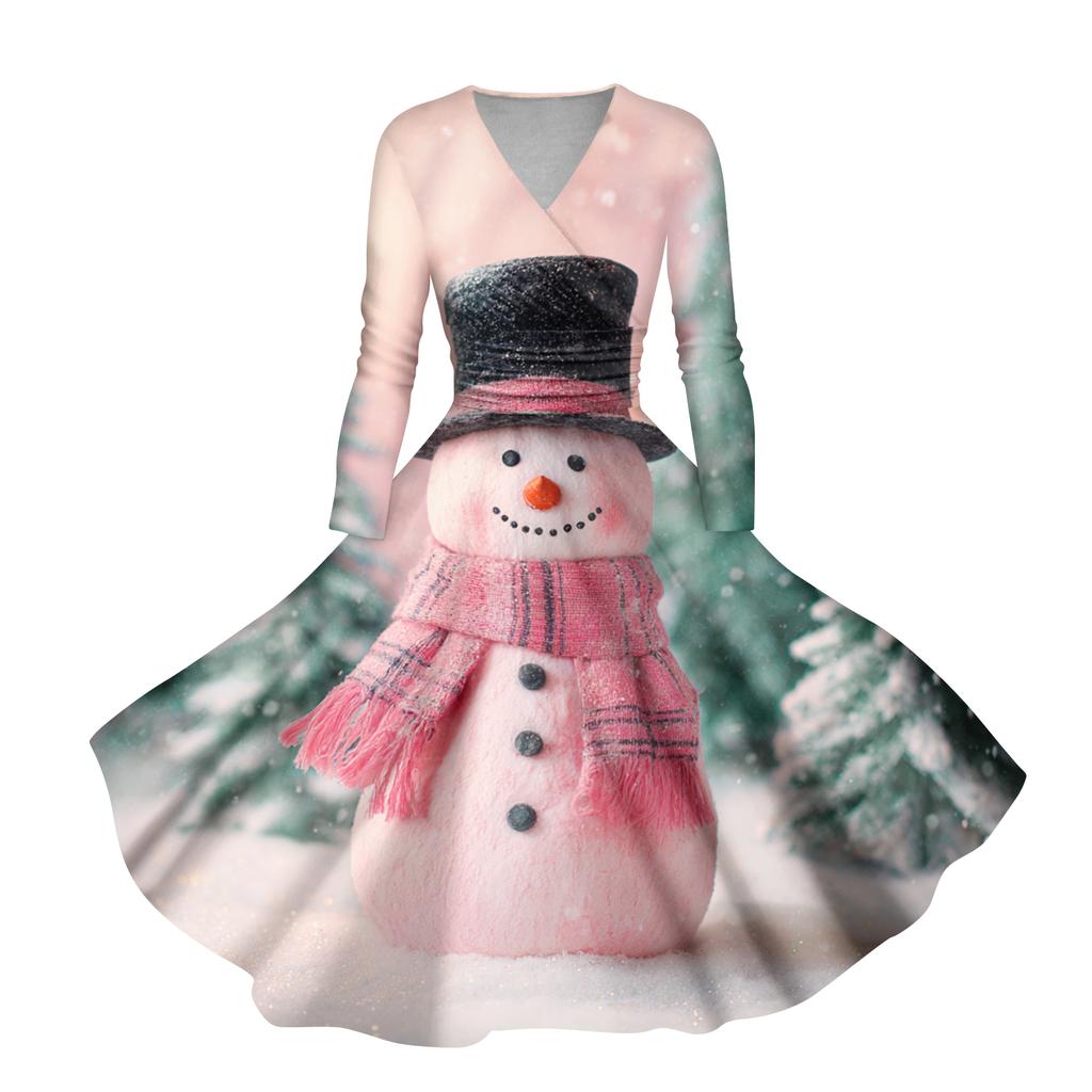 Ladies' Casual And Fashionable Christmas Tree Print Long Sleeved V-neck Sexy Pocket Dress