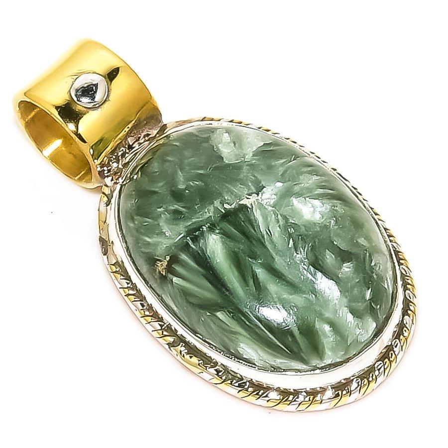 

Natural Seraphinite TwoTone 925 Solid Sterling Silver Jewelry Pendant 1.25 E7a45