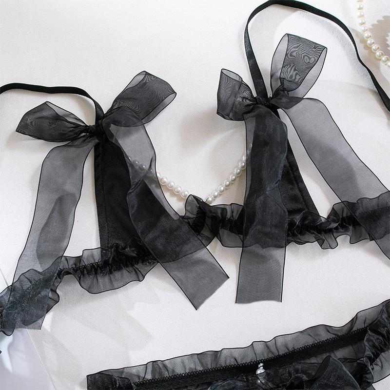 Erotic Lingerie Sexy Bra Pearl Bow Exposed Breast Panty Ribbon Underwear Set Woman Clothing Attractive Open Chest G-string Sets