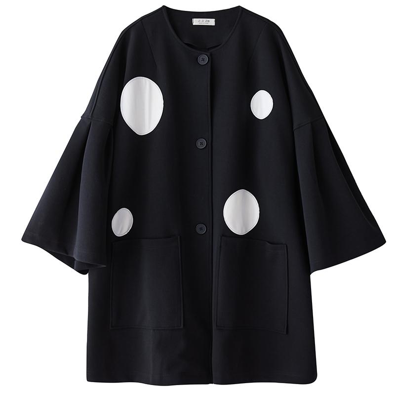 Long Sleeve Oversized Black Cotton Vintage Dot Casual Loose Autumn Spring Trench Coat for Women Outerwear