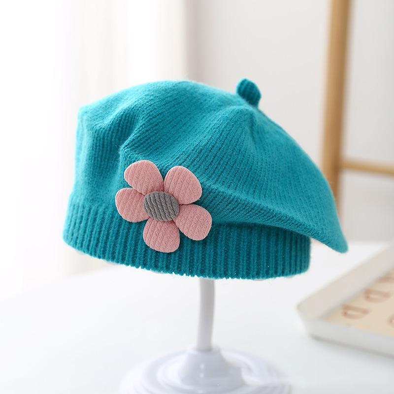 Λουλούδι Baby Beret Καπέλο Χειμερινό Ζεστό πλεκτό καπέλο Beanie για βρέφη κοριτσάκια Κορεάτικη Πριγκίπισσα νηπίων Καλλιτέχνης Μονόχρωμα καπέλα ζωγραφικής