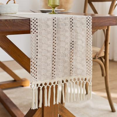 Table Flag Cotton Solid Color Hollow Hand Knotted Tassel Woven Long Tablecloth Holiday Decoration Bedside Towel