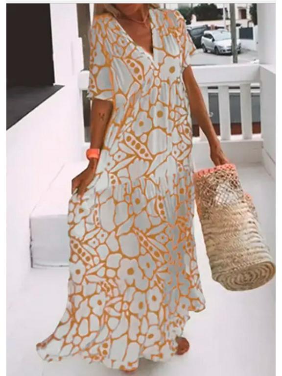 Summer 2023 Women's V-Neck Print Short Sleeve Long Dress