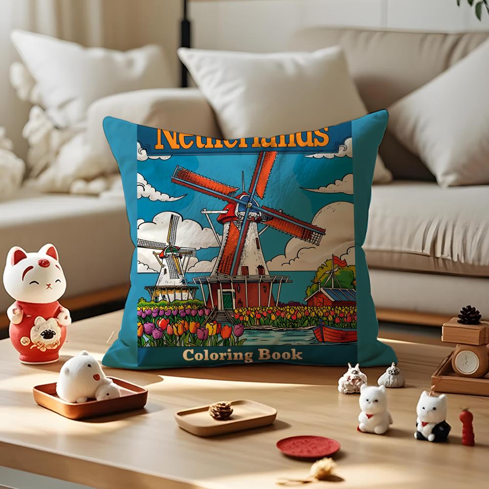 Dutch Windmills & Tulips Cushion Cover Anti-dustmite Pillowcase Invisible Zipper Silky Short Plush Sofa Cushion Cover