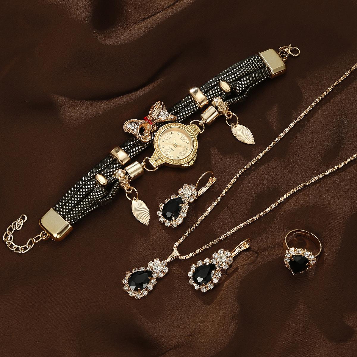 

Женские ретро кварцевые часы со стразами, браслет, серьги, кольцо, аналоговые наручные часы