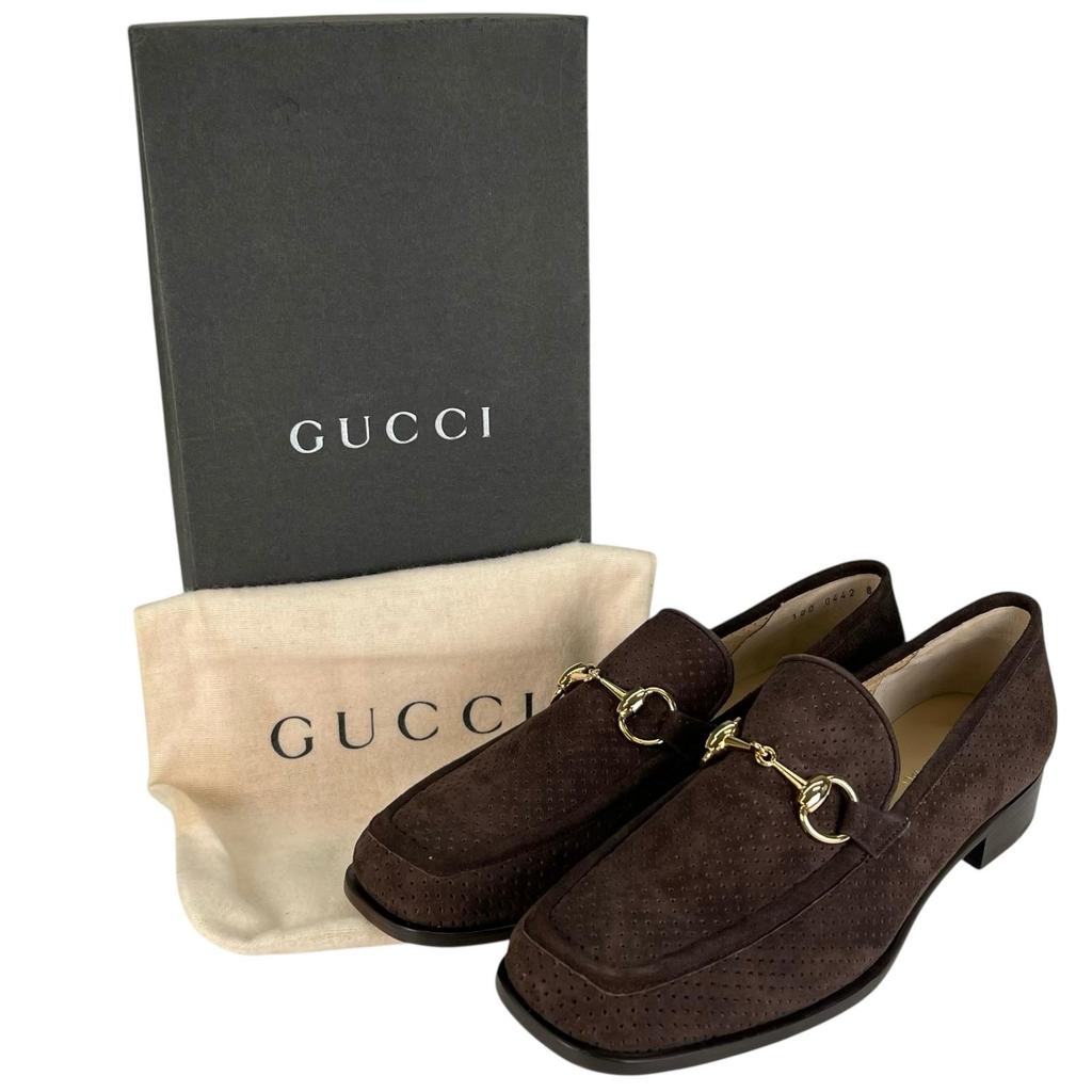 Pristine GUCCI Loafers Horsebit Brown Suede Leather Women 8 100 0442 Used