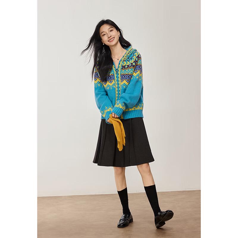 VICTORIA&VERA Women's Fair Isle Color Block Hooded Zipper Knit Sweater