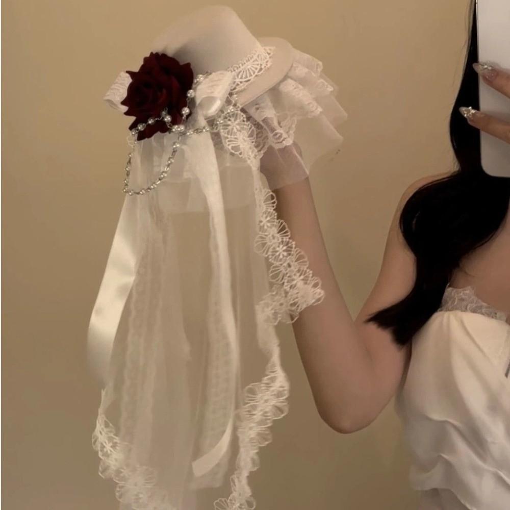 Women Flowers Bow Decor Gothic Veil Rose Top Hat Cosplay Costume Gothic Dark Mini Top Hat Gift Black or White Lolita Headdress