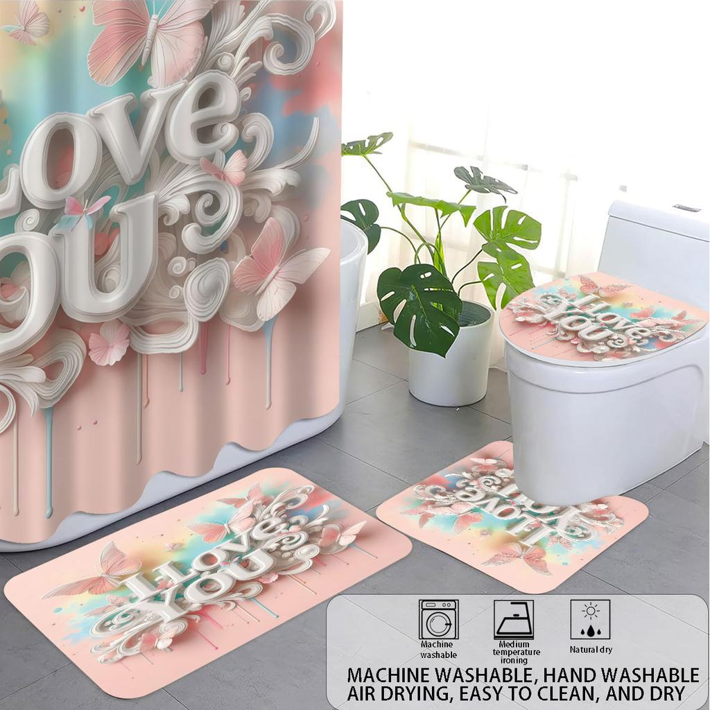 4pcs imitation relief pink Valentine's Day romantic print bathroom set waterproof shower curtain floor mat U-shaped toilet pad