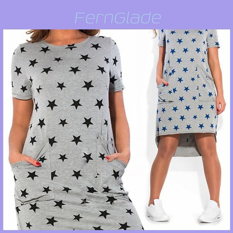 Summer Women Stars Printed Clothing Loose Fit Knee-length Casual Dress In Cotton Blend