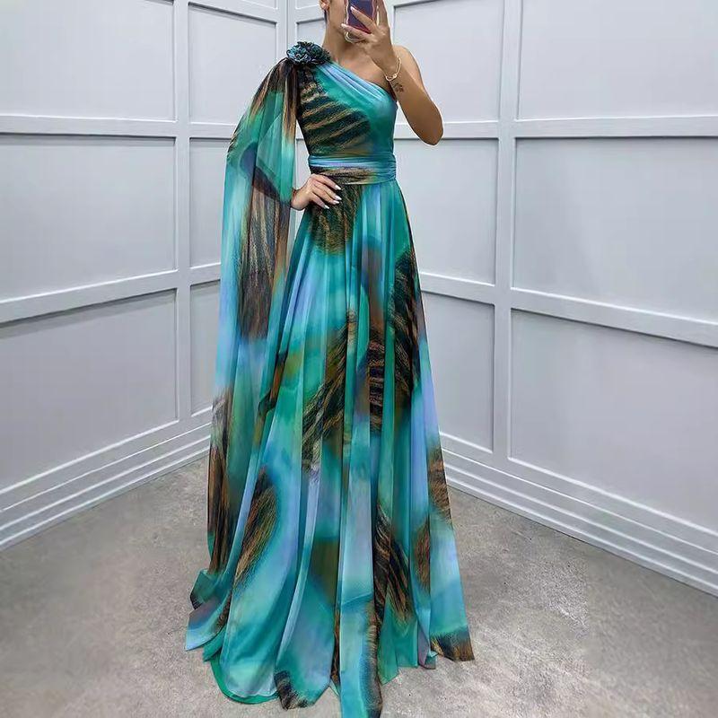 

European and American Autumn and Winter Host Party dress Sloping Shoulder One-Shoulder Sleeve Party Dress Women Party Dress Sky Blue L