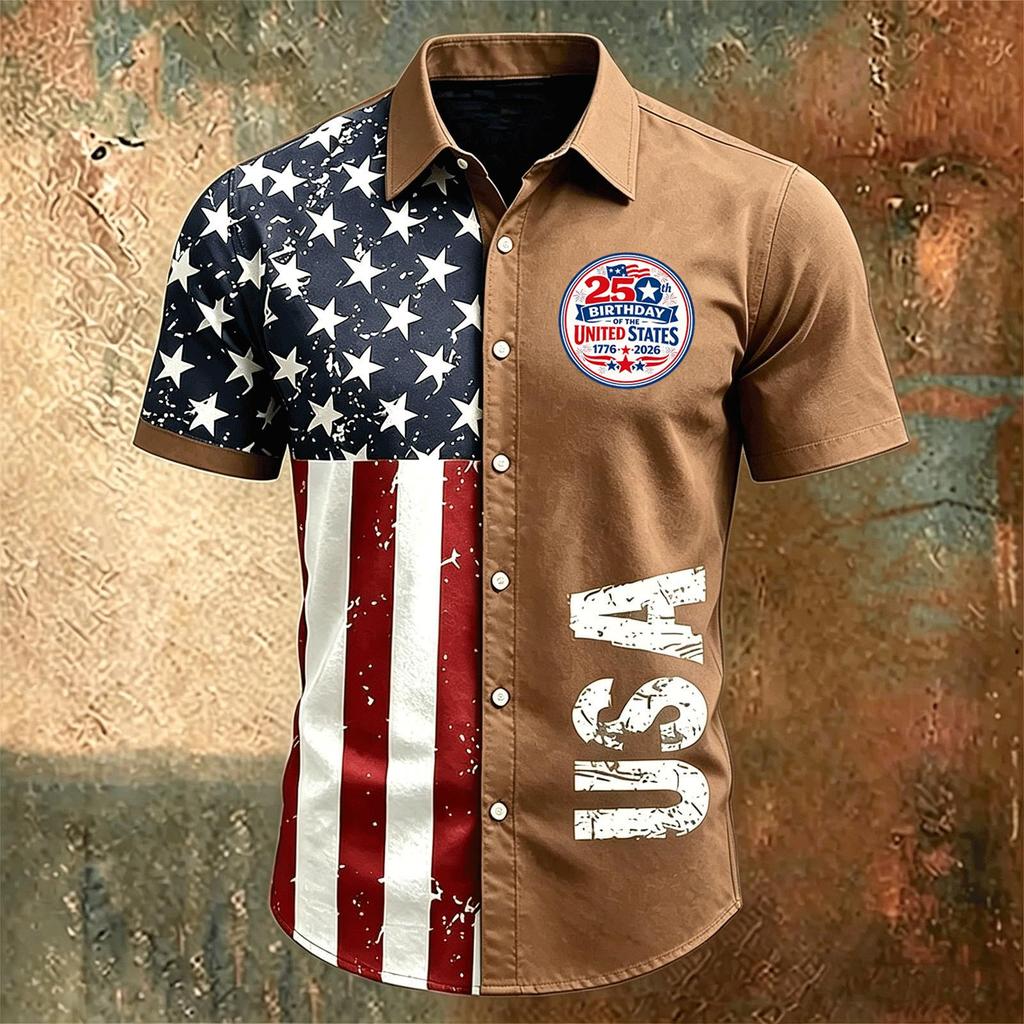 Men Short Sleeve Button Down Casual Collared Shirt with United States Letter Print and Flag Pattern for Spring Summer Wear