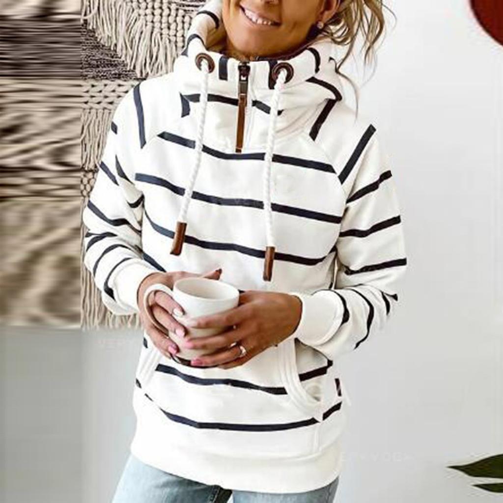 Fashion Women's Pocket Stripe Printed Swap Long Sleeve Hooded Sweatshirt Top