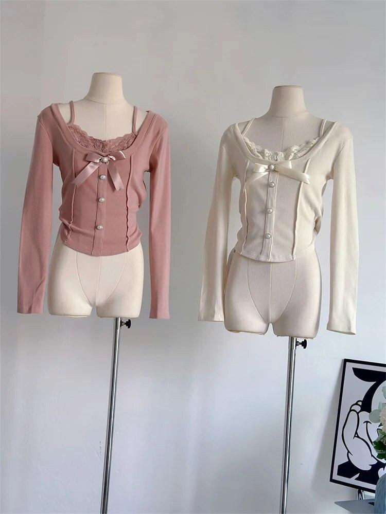 Camisetas Vintage Mori Girl Falsas Duas Peças Mulheres Renda Patchwork Doce Laço Croppeds Estética Feminina Sólida Kawaii Pulôver Novo