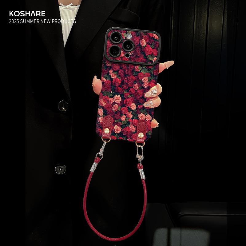 Full screen rose lanyard suitable for Apple 16 mobile phone case iphone14pro large window sheepskin 15 soft silicone