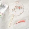 Handmade Embroidery Ancient Style Long Handle Fan Classical Flower Shape Fan  Summer