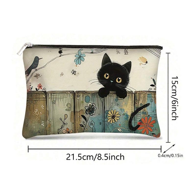 Adorable Black Cat Floral Paw Storage Pouch, 2-in-1 Makeup Bag & Pencil Case for Women & Students, Washable Zippered Organizer