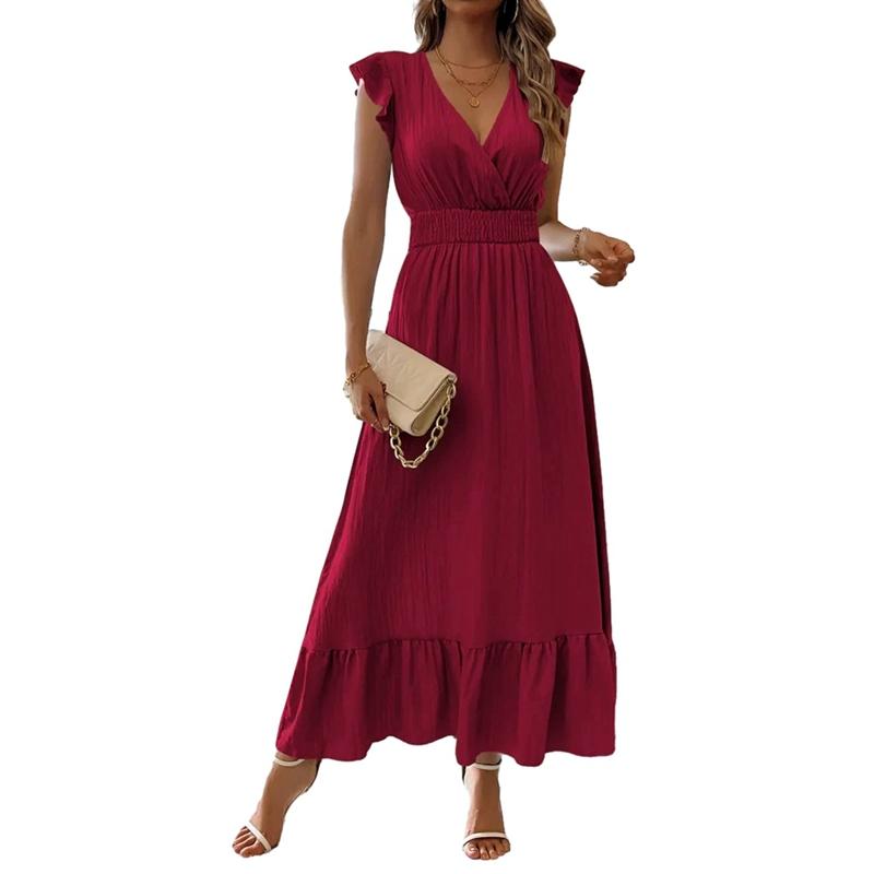 Women Solid Color V-neck Slim Short Sleeve Dress Summer Long Dress