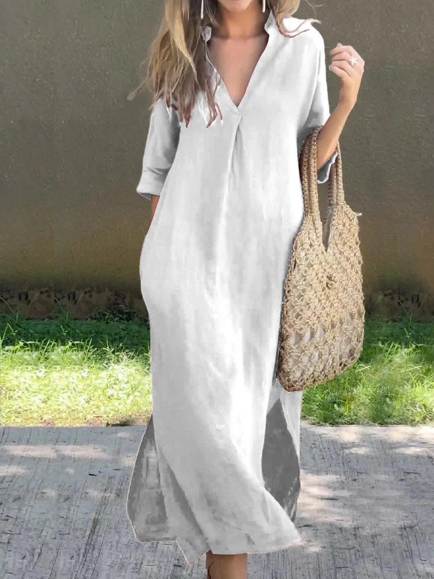 2026 European beautiful woman summer slit pockets V-neck 7-point sleeves chest pleated dress S
