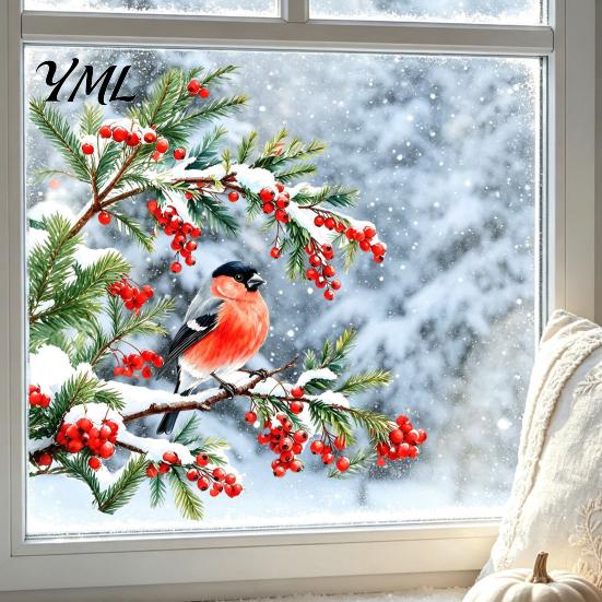Winter Atmosphere Decor Bullfinch And Red Berries Static Glass Sticker, Watercolor Bird Decal, Window Decals Removable PVC Cling for Home Store