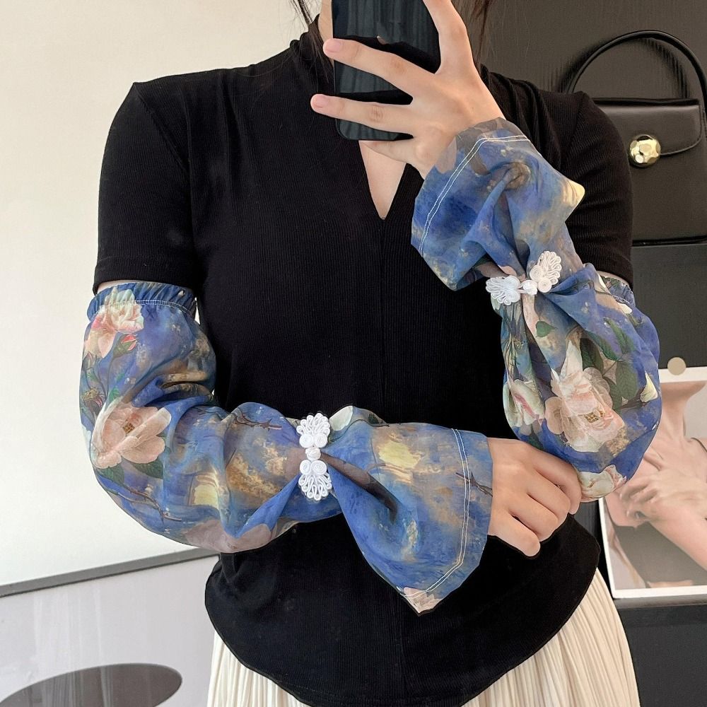 Anti-UV Printed Ice Silk Sleeves Flower Cycling Gloves Breathable Chiffon Sunscreen Sleeve  Summer
