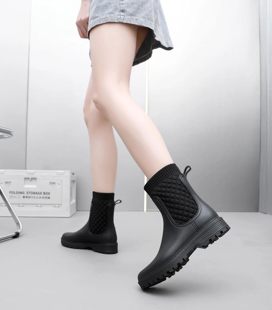 1 Pair of Women's Short Chelsea Rain Boots Fashionable U-Shaped Fly Woven Rain Boots Pvc Non-Slip Waterproof Rubber Shoes