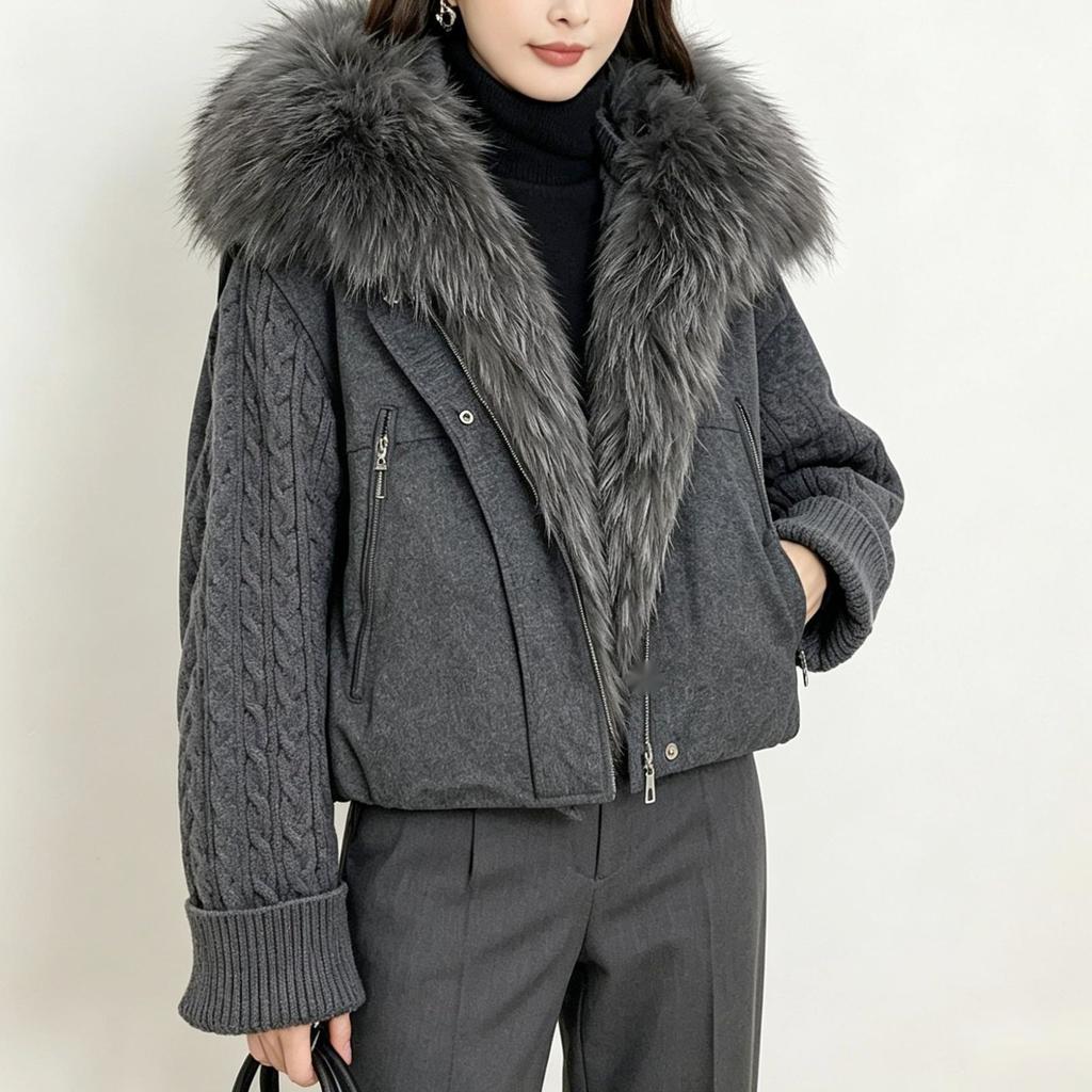 Winter new real fox fur collar knitted splicing down jacket women's short white duck down loose and thin versatile jacket