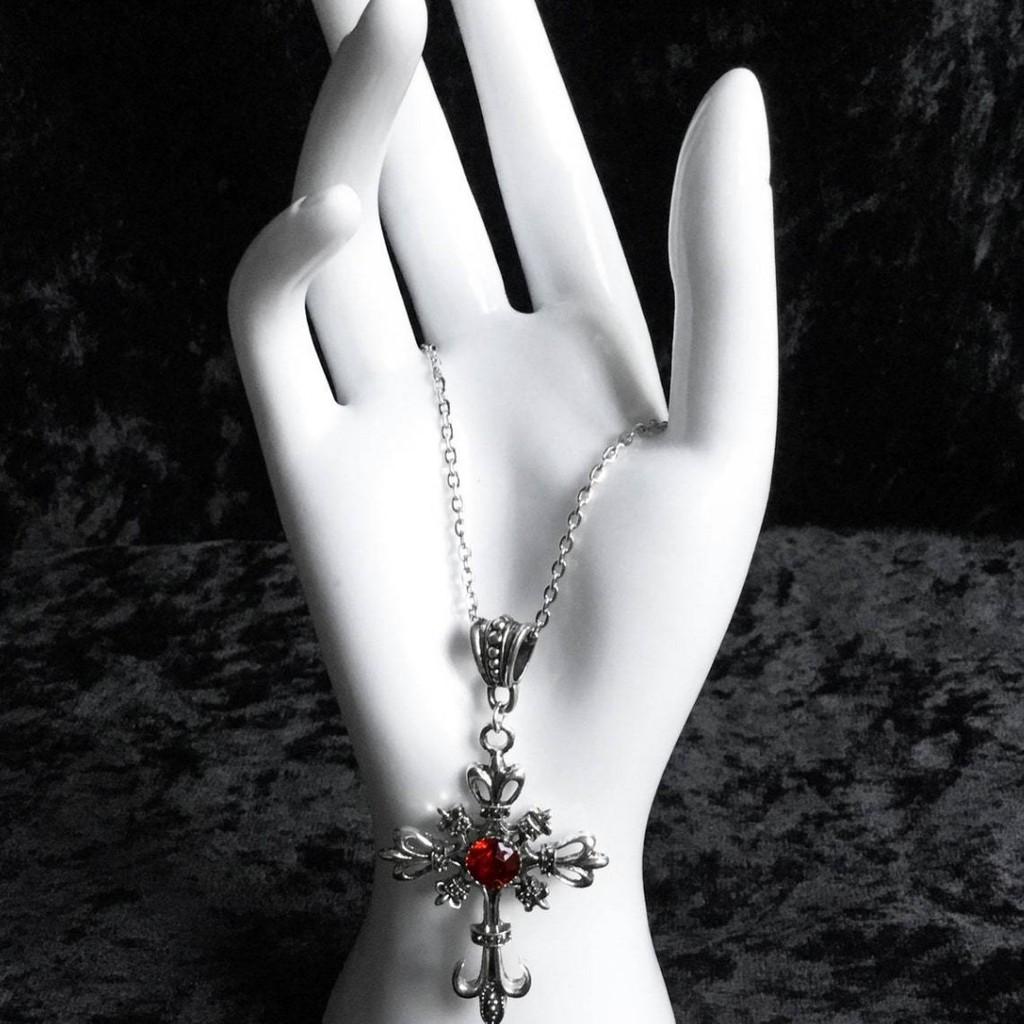 Gothic Large Baroque Silver Cross Pendant Necklace For Women With Geometric Design And Glass Charm