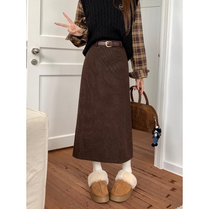 Women s High Waist Corduroy Slit Pencil Skirt - Spring/Autumn Midi Length S