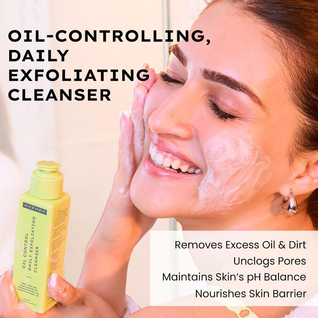 Hyphen Oil Control 2% AHA + BHA, Salicylic Acid Face Wash for Oily Skin & Acne| Daily Exfoliating Cleanser with 2% Niacinamide | Deep Cleanses &