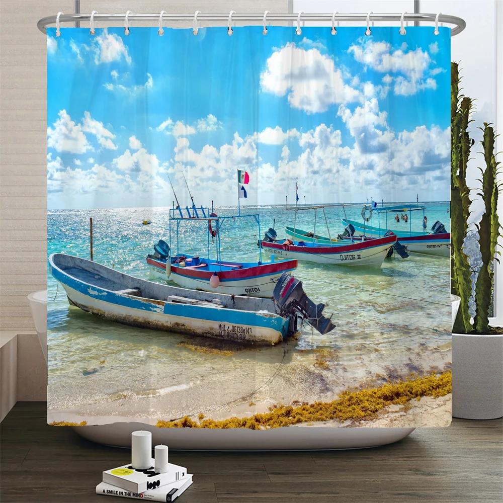 Sailboat Waterproof Bathroom Shower Curtains Sea Navigation Bath Curtains 3d Printing With Hooks 180*180cm Washable Cloth