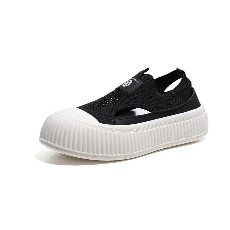 New Korean Mesh Hollow Out Breathable Flat Shoes White Casual Platform Knitted Shoes Sneakers Zapatillas Mujer 2025