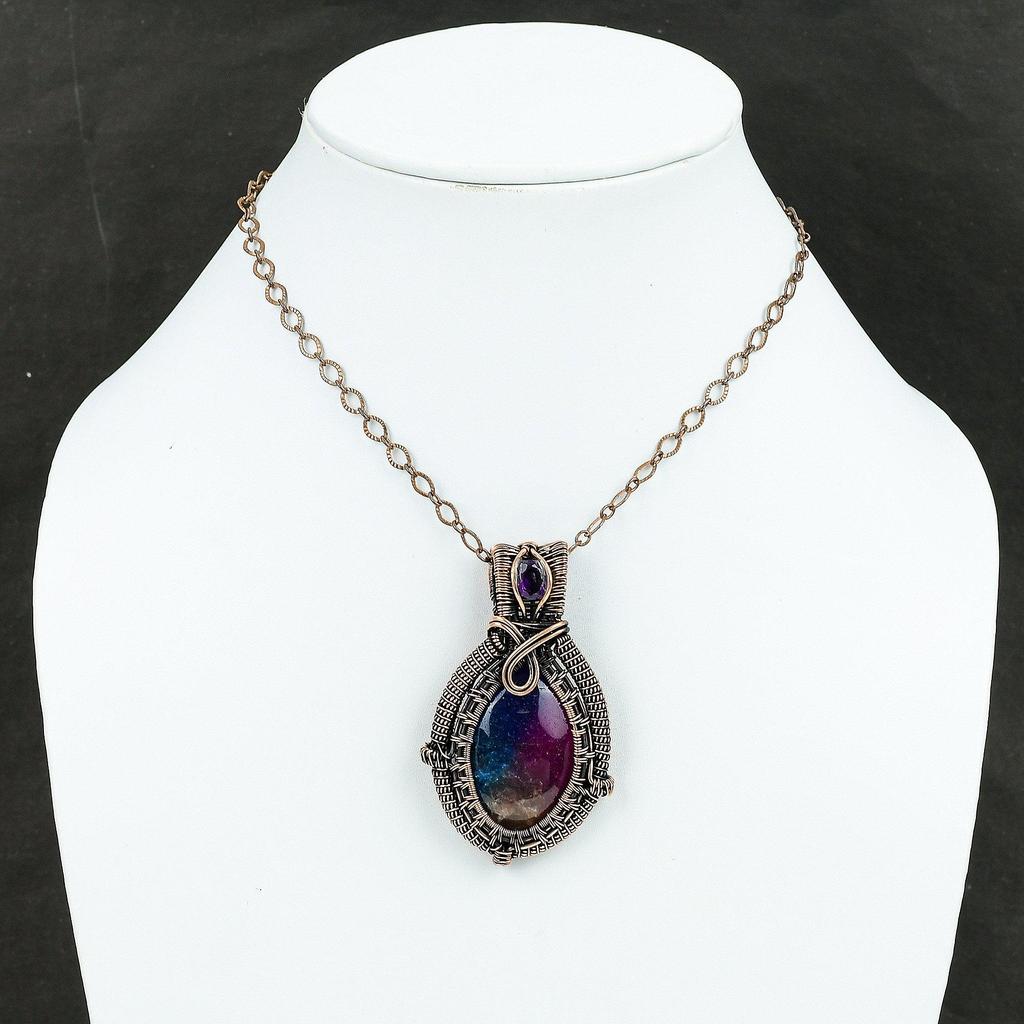 Rainbow Solar Quartz Druzy Pendant Copper Wire Wrapped Gemstone Pendant African Amethyst Pendant Copper Jewelry For Gift Handmade Pendants