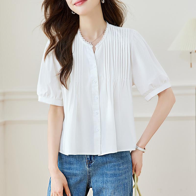 Summer New V-neck Short-sleeved White Shirt Women's Thin Bubble Sleeve Chic Top Shirt