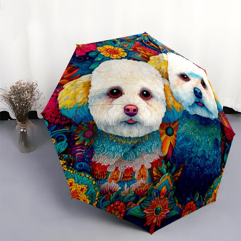 Two Bichon Pattern, Automatic Folding Umbrella, Portable and Foldable Design, 8 Ribs, a Christmas or Birthday Gift.