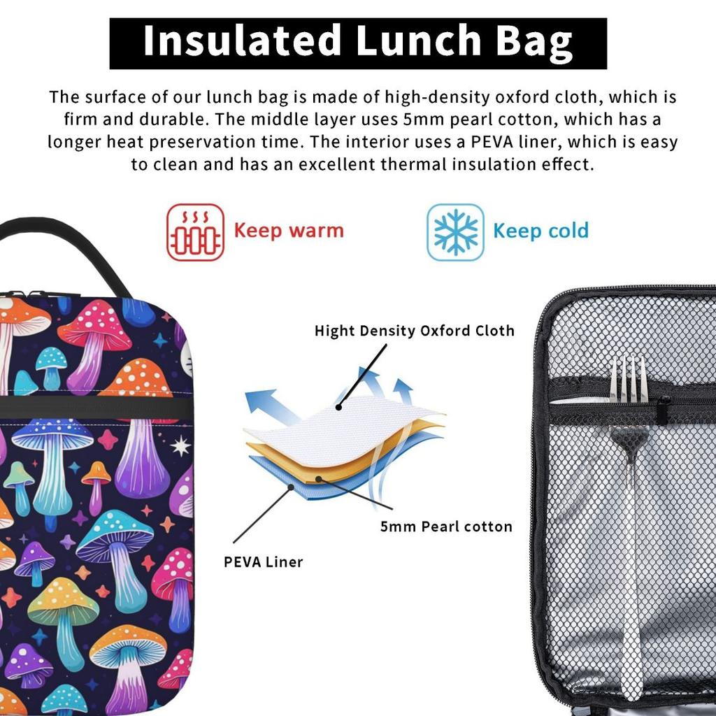 Colorful Magical Mushrooms Pattern Insulated Lunch Bag for Women Kids Leakproof Food Boxes Thermal Lunch Box Tote