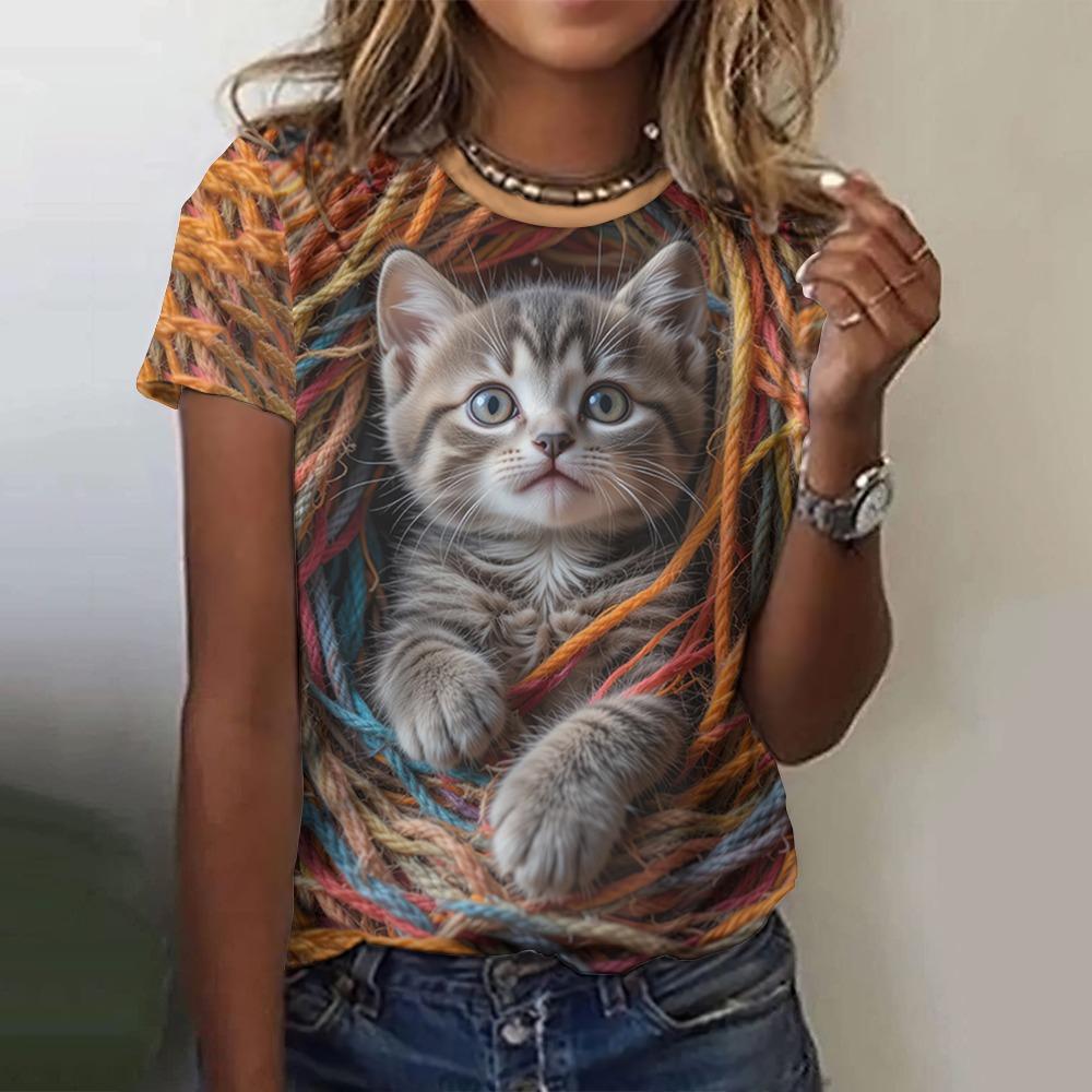 Summer Women Cat Print Casual Short-Sleeved 3d Fashion Streetwear Round Neck Pullover Oversized