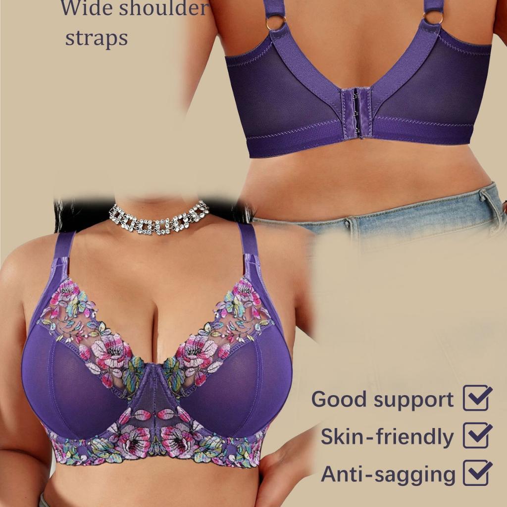 Soutien-gorge sexy violet brodé en dentelle pour femme avec bretelles en U latérales pour sous-vêtements grande taille