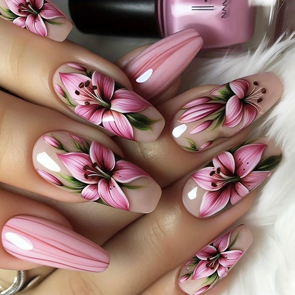 24 st Blommor Press-on Naglar Full Täckning Lösnaglar Floral Nagelkonst Manikyr Glansiga Konstgjorda Naglar Akryl Stick-on Naglar