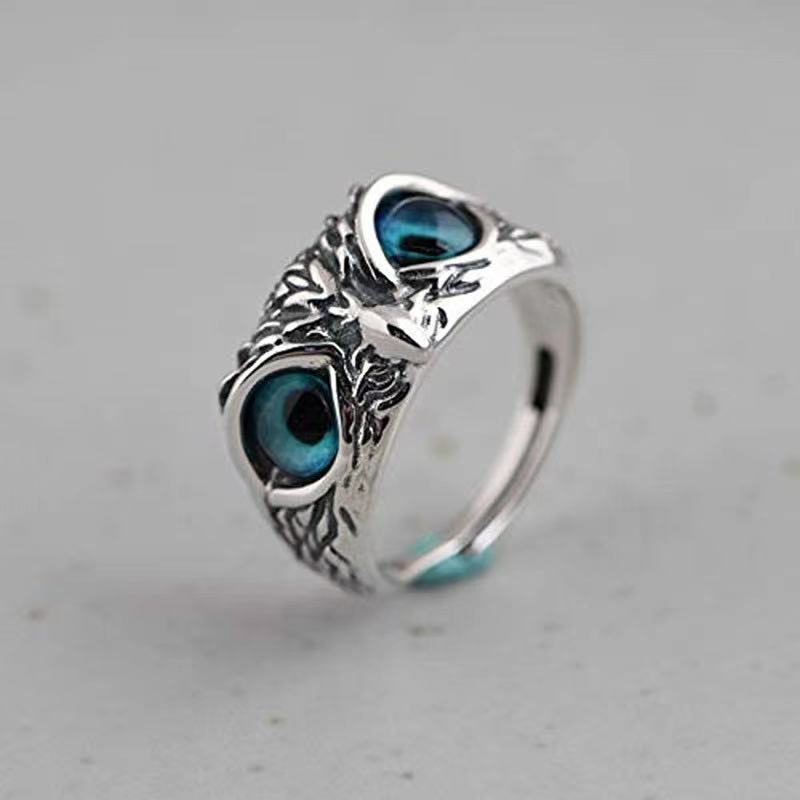 

Retro Animal Opening Adjustable Blue Eyed Owl Ring for Couples One Size серебряный