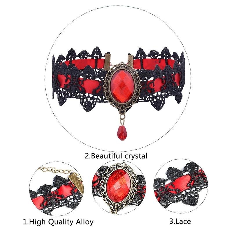 Gothic Sparkling Gemstone Necklace Collar Retro Punk Black Lace Choker Halloween Vintage Chain Vampire Jewelry Accessories New