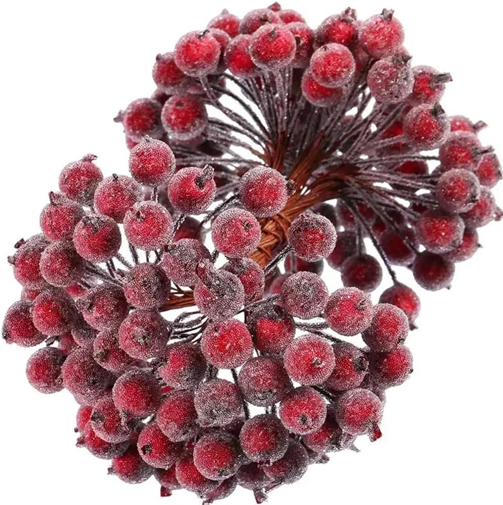 Artificial Frosted Holly Berry Double Head Mini Berry Bouquet Red Berries Flower Christmas Fake Fruit Cherry Stamen DIY Craft
