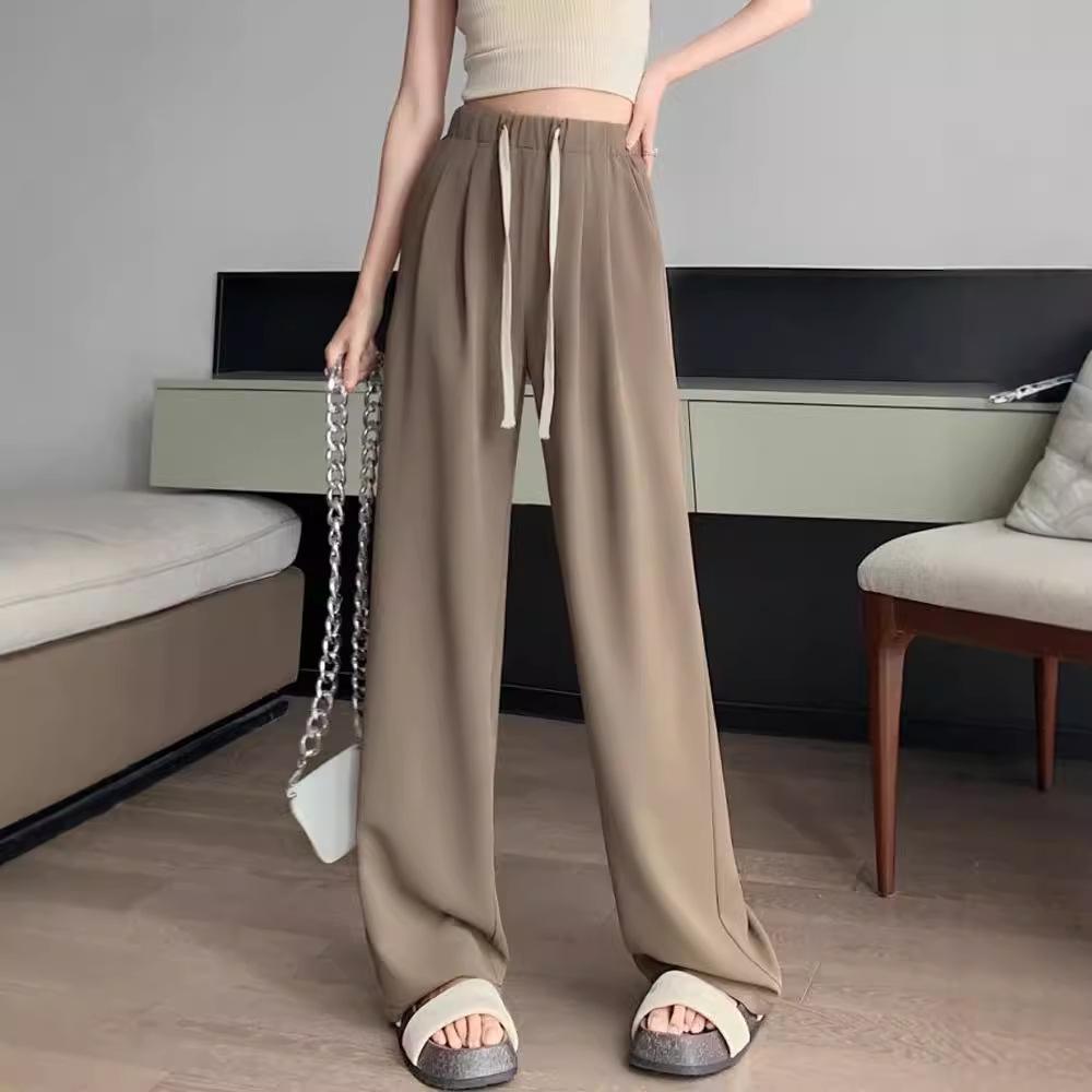 Plus Size Coffee Ice Silk Suit Pants - Women's Summer Elastic Waist Chiffon Wide Leg Petite Pants