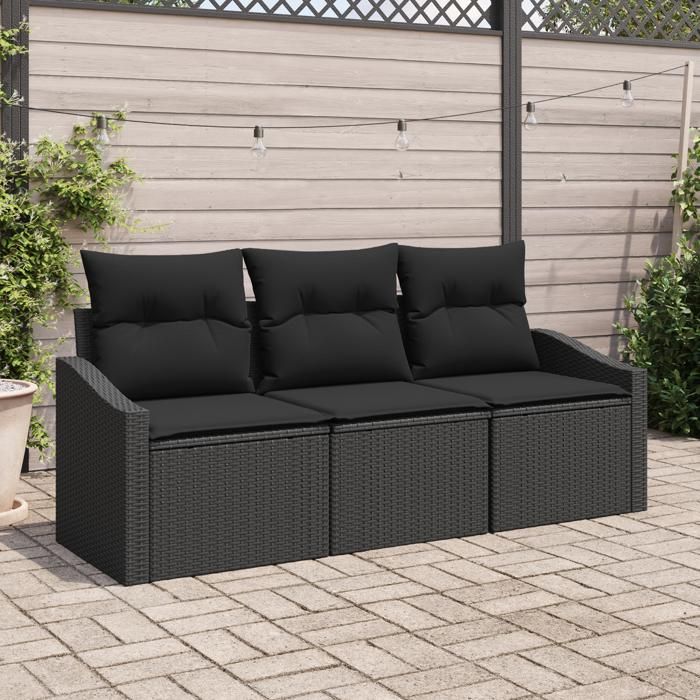 VidaXL Ensemble de canapés de jardin 3 pièces avec coussins noir rotin poly 3346583