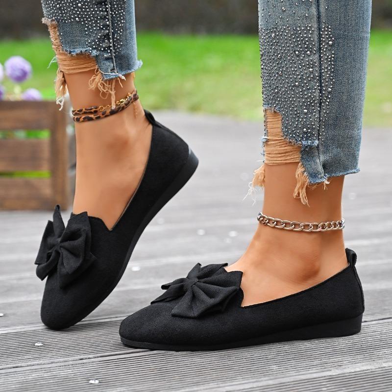 Women's Plus Size Suede Flat Casual Shoes Round Toe Bow